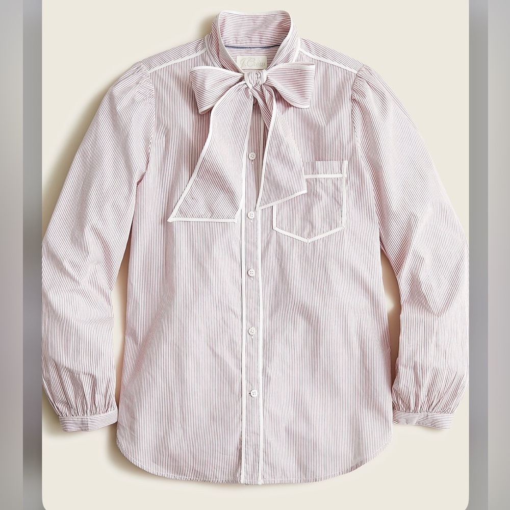J Crew Classic-fit tie-neck cotton poplin shirt in stripe